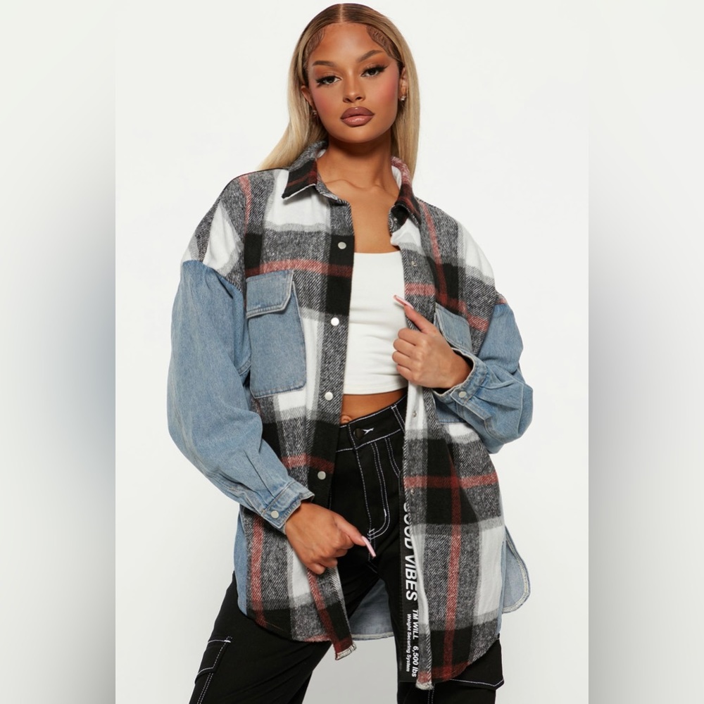 Fashion Nova Oversized Plaid & Denim Shirt